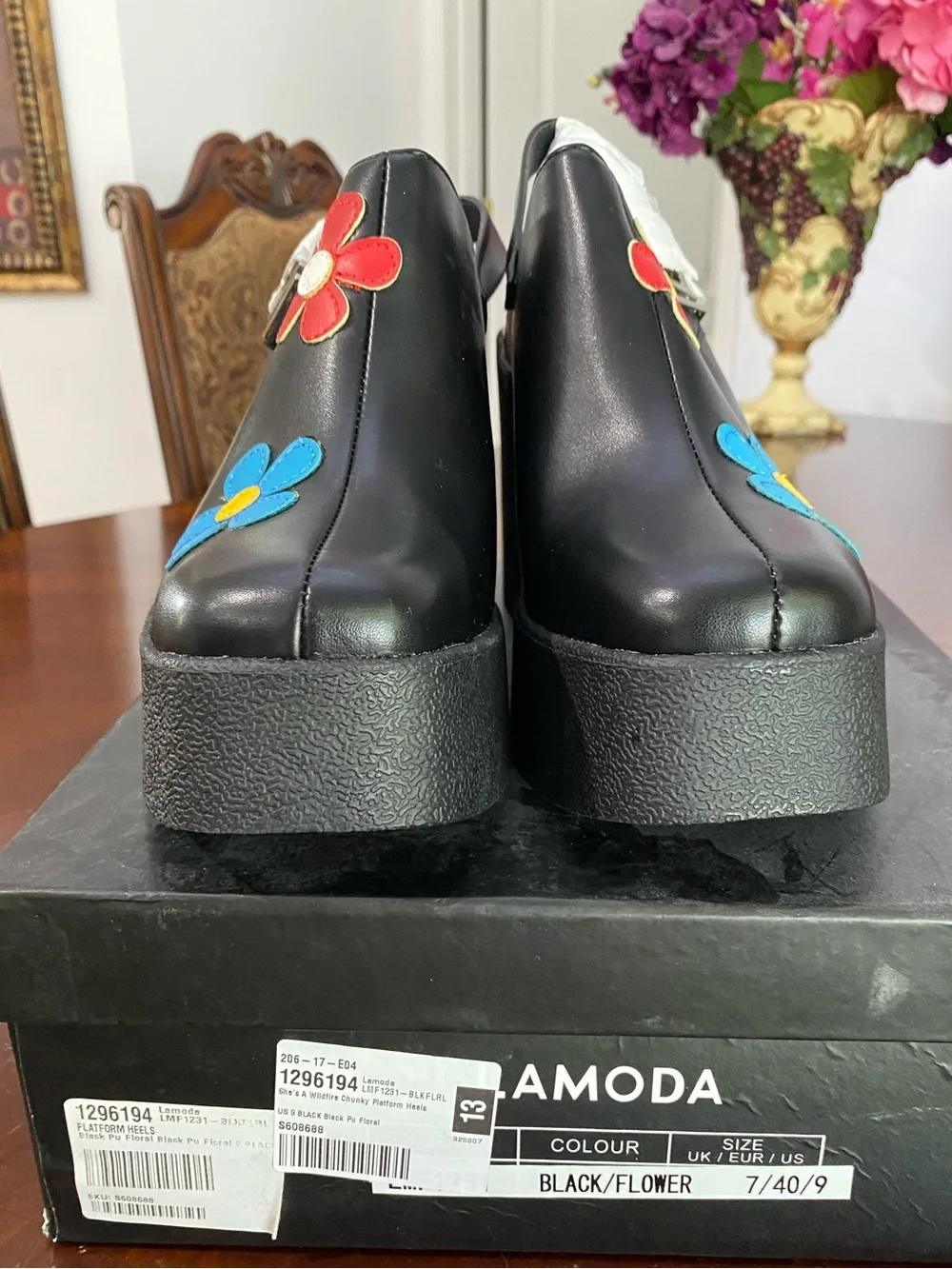 Black Platform Mary Janes with Blue & Red Floral Accents